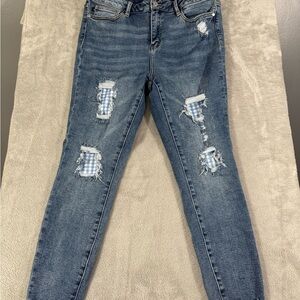 Judy Blue Size 13/31 High Waist Skinny Stretch Gingham Print Distressed Jeans